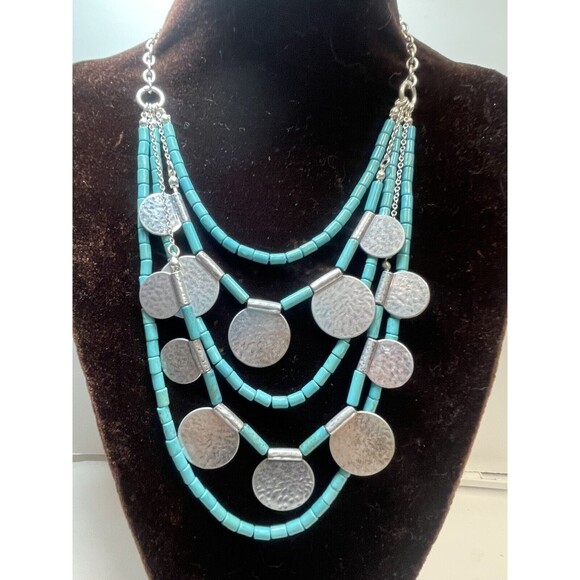Sonoma Multi Stand Faux Turquoise Silver Disc Necklace New - Picture 1 of 6